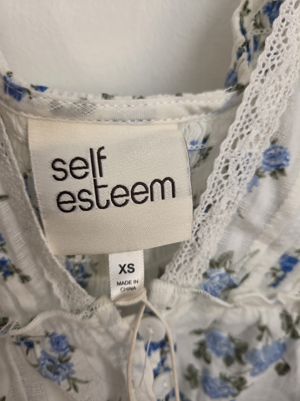 Self Esteem White Camisole with Blue Floral Print and Lace Trim - Picture 2 of 6